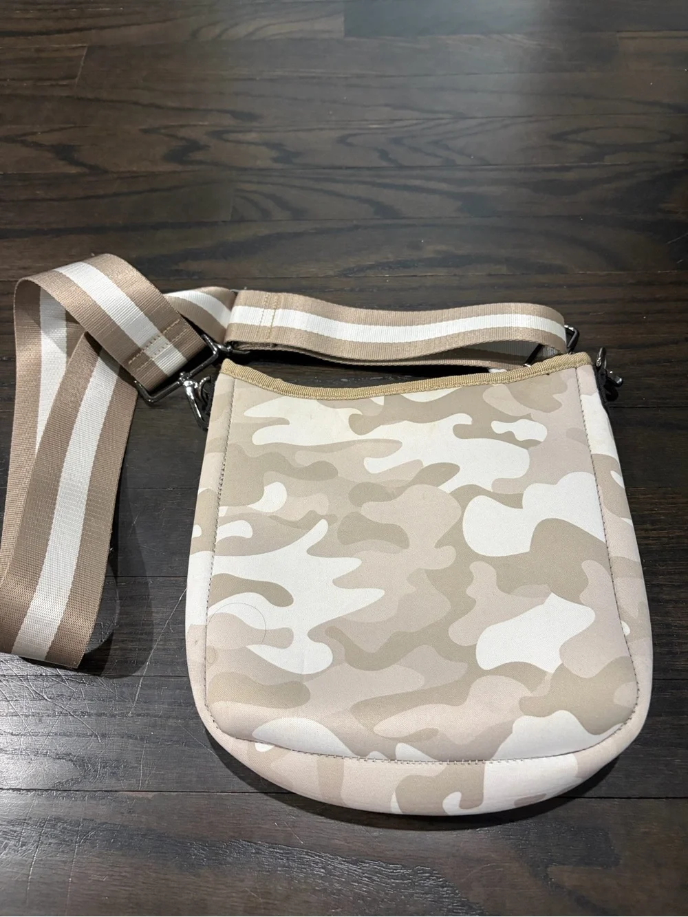 Haute Shore Beige Camo Crossbody Messenger Bag with Striped Adjustable Strap